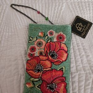 Mary Frances Green Beaded Floral Crossbody with Orange-Red Poppies